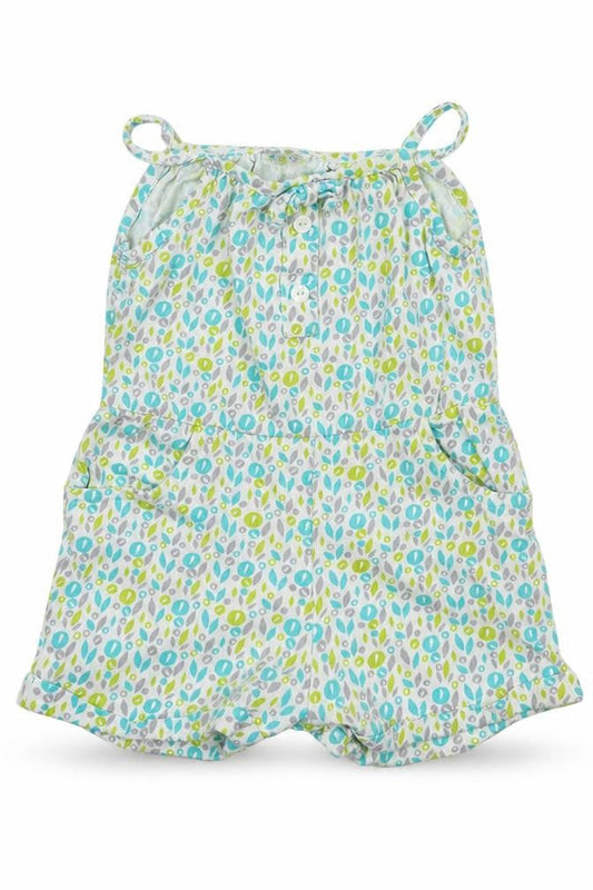 Front view of F&F girls’ white polka dot jersey romper one-piece, size 3-6, months