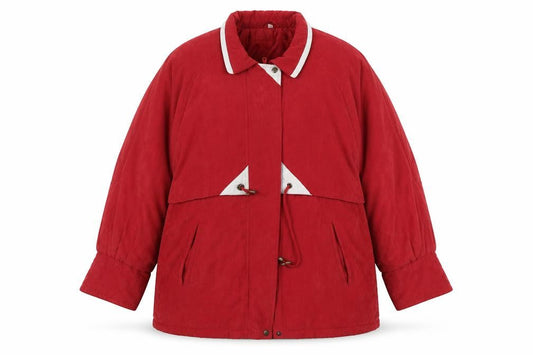 Front view of Preworn women’s red puffer jacket coat, size UK 20