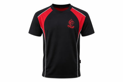 Front view of Falcon men’s black striped polo, size XS