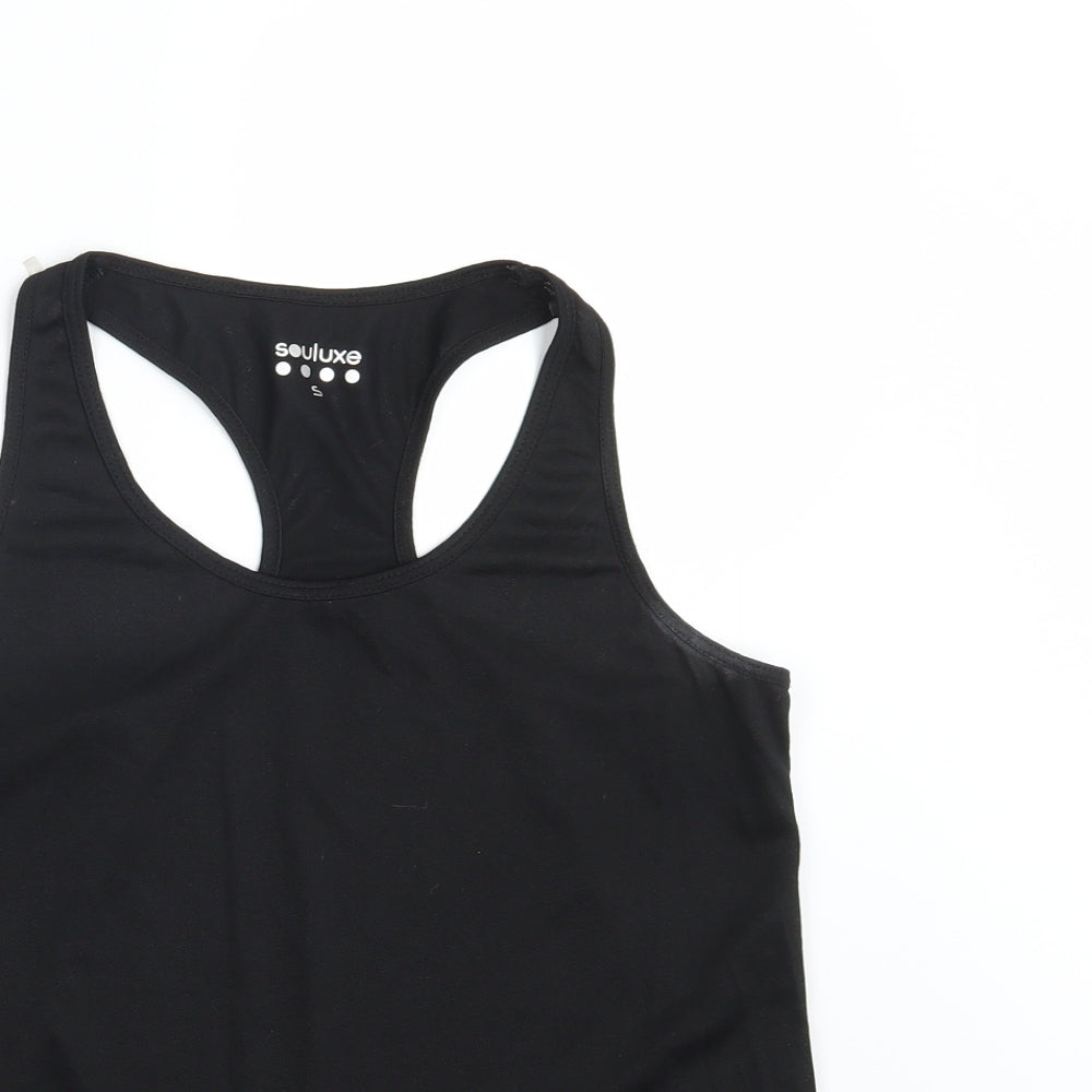 Close-up detail of Souluxe women’s black basic tank, size S