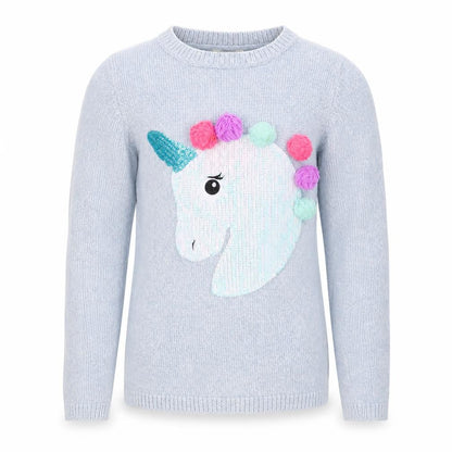 Front view of M&Co girls’ blue jumper, size 11-12, years - unicorn