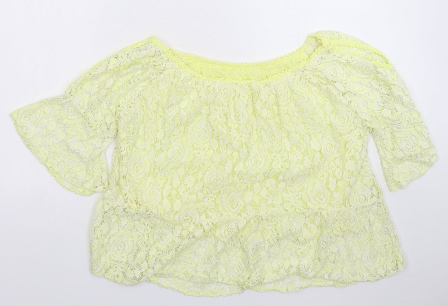 Preworn Womens Yellow Floral Lace Basic Blouse Size 8