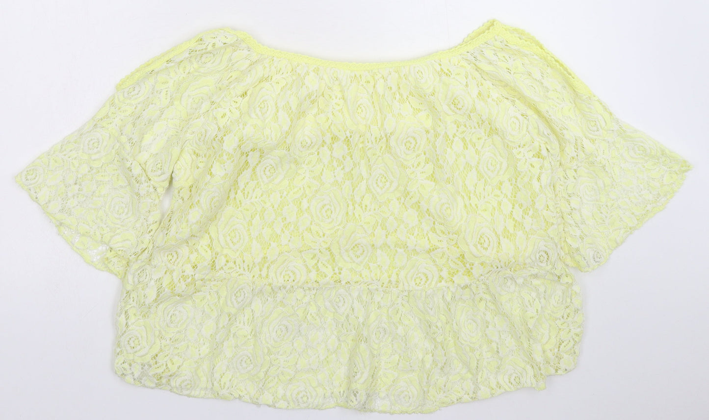 Preworn Womens Yellow Floral Lace Basic Blouse Size 8