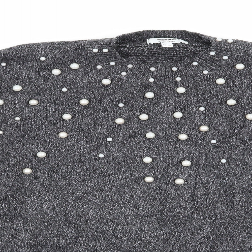 Close-up detail of Jennyfer women’s grey polka dot jumper, size UK 6