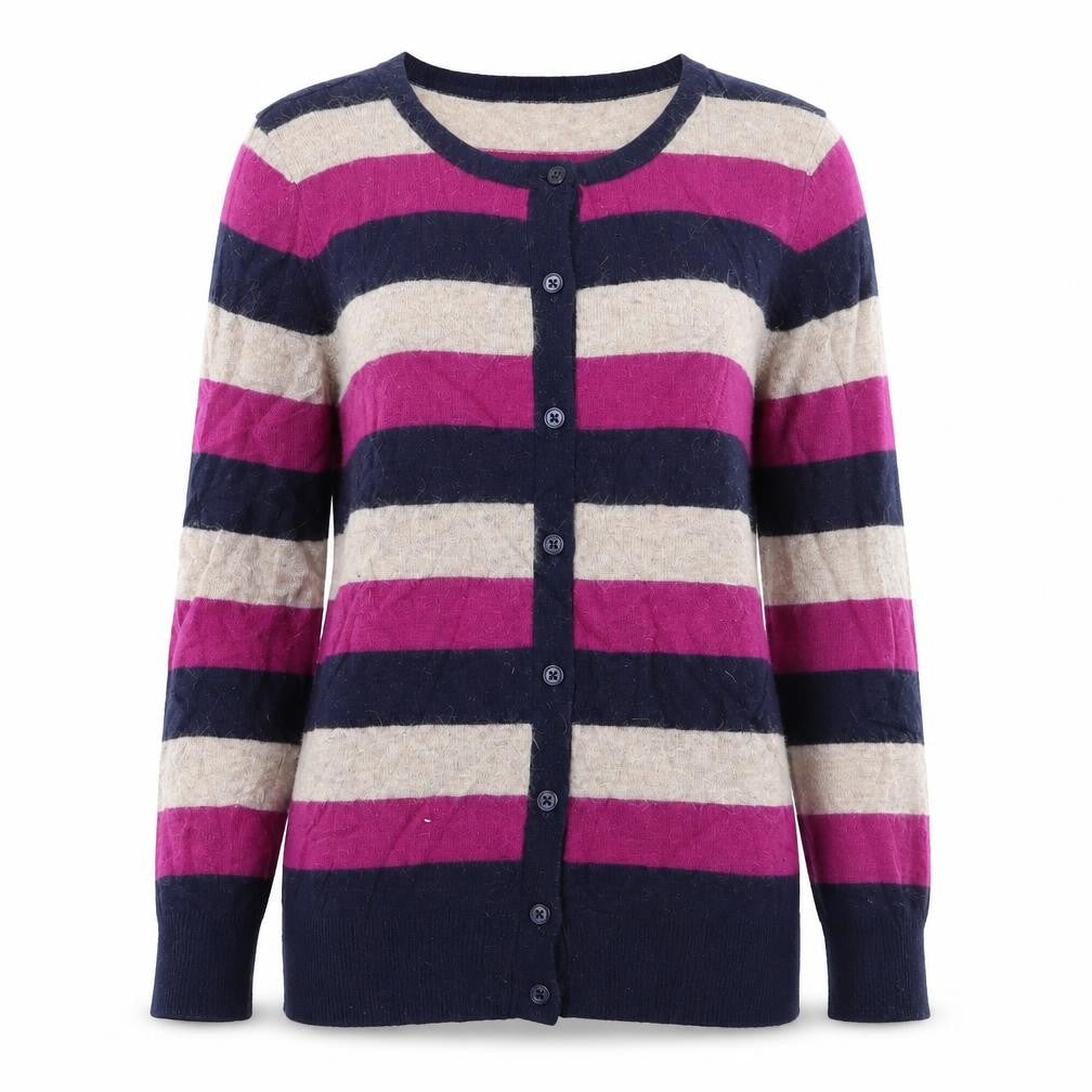 Front view of Deane & White women’s multicoloured striped cardigan jumper, size UK 14