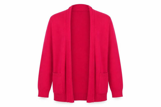 Front view of vivi women’s red cardigan jumper, size M