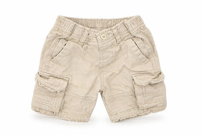 Front view of M boys’ beige capri trousers, size 6-9, months