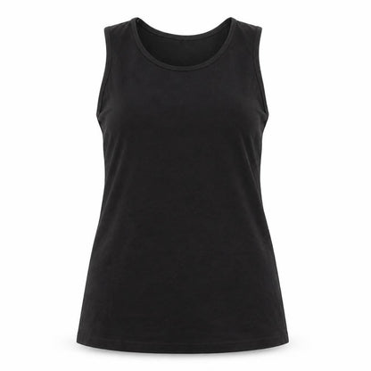 Front view of Capsule LESIURE women’s black basic t-shirt, size UK 14