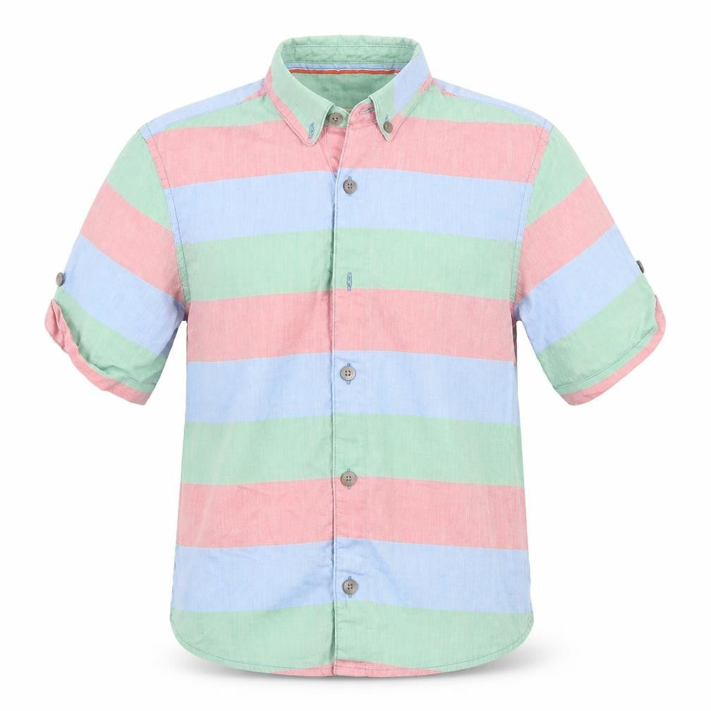 Front view of John Lewis boys’ multicoloured striped basic button-up, size 9, years