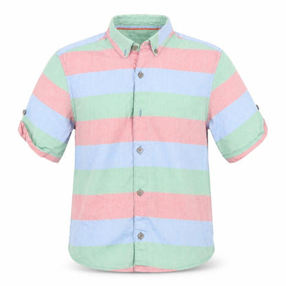 Front view of John Lewis boys’ multicoloured striped basic button-up, size 9, years