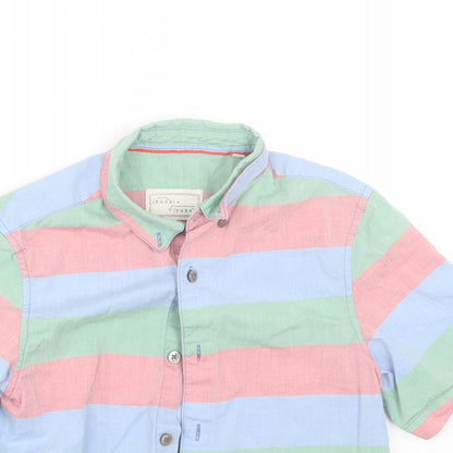Close-up detail of John Lewis boys’ multicoloured striped basic button-up, size 9, years