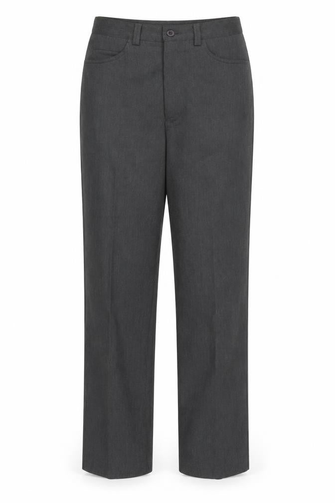 Front view of Preworn women’s grey striped trousers, size UK 28, 32-inch leg