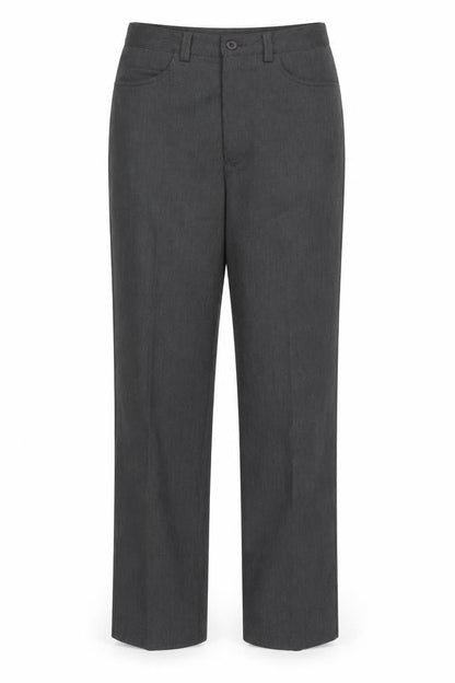 Front view of Preworn women’s grey striped trousers, size UK 28, 32-inch leg