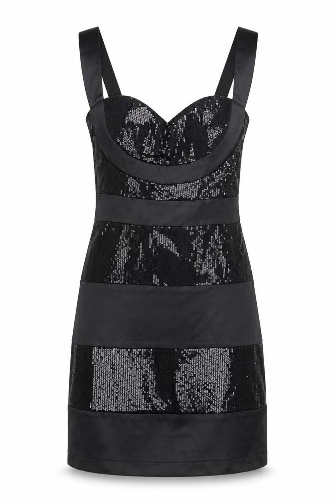 Front view of Heaven women’s black striped wrap dress, size UK 10