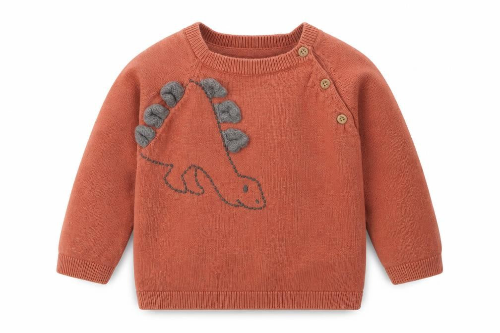 Front view of Tu Baby Brown jumper, size 12-18, Months - dinosaur