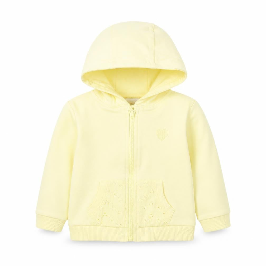 Front view of Lullaby girls’ yellow full zip jumper, size 9-12, months