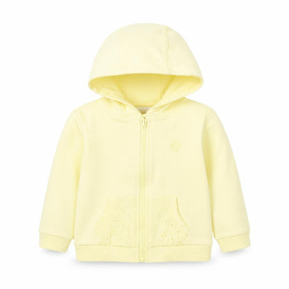 Front view of Lullaby girls’ yellow full zip jumper, size 9-12, months
