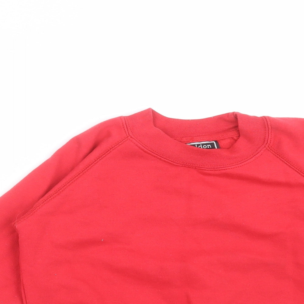 Close-up detail of Sheldon boys’ red pullover sweatshirt, size 3-4, years - schoolwear