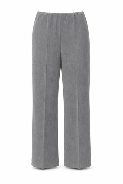 Front view of Preworn women’s grey trousers, size UK 12, 28-inch leg