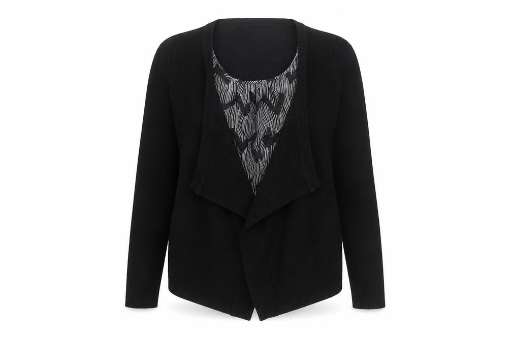 Front view of George women’s black geometric knit cardigan jumper, size UK 12, - blouse with cardigan