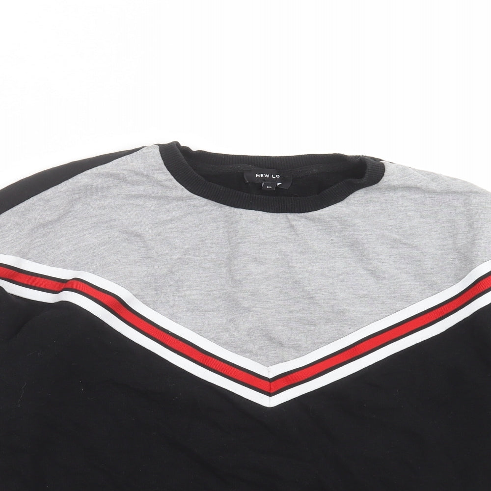 Close-up detail of New Look women’s black geometric pullover sweatshirt, size UK 10