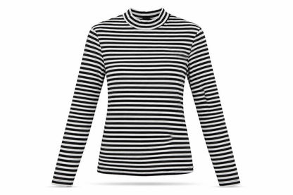 Front view of shain women’s white striped pullover sweatshirt, size L