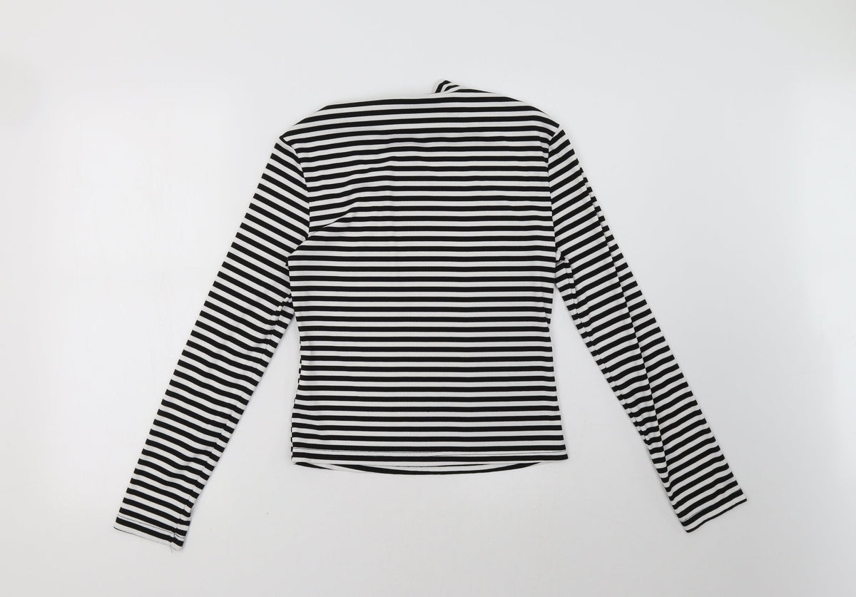 Back view of shain women’s white striped pullover sweatshirt, size L