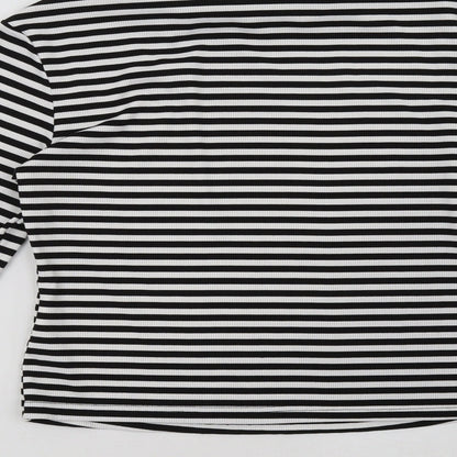 Brand and care label for shain women’s white striped pullover sweatshirt, size L