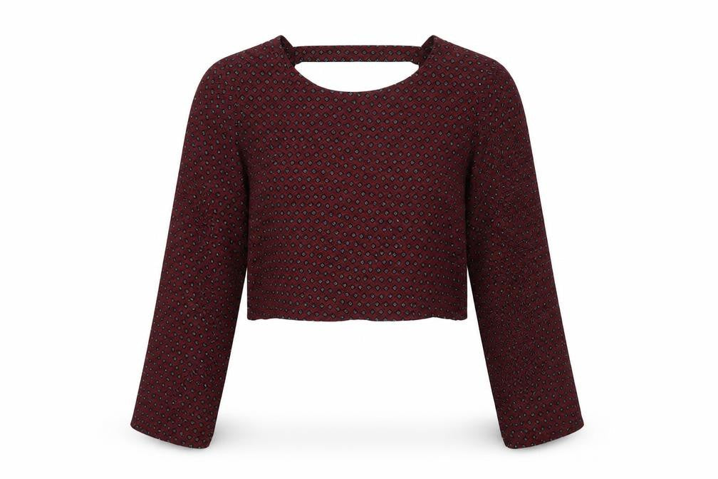 Front view of Boohoo women’s purple geometric cropped blouse, size UK 14