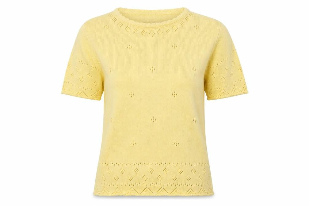 Front view of amy moore women’s yellow basic t-shirt, size S
