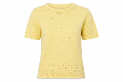 Front view of amy moore women’s yellow basic t-shirt, size S