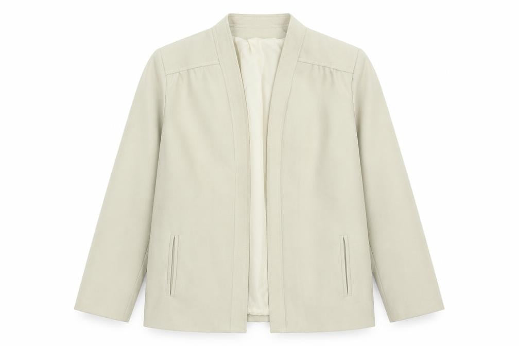 Front view of Quality Fashion women’s beige jacket blazer, size UK 14