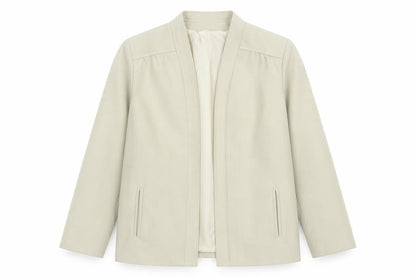 Front view of Quality Fashion women’s beige jacket blazer, size UK 14
