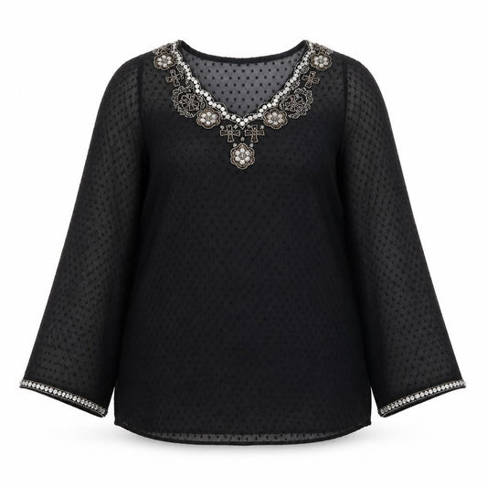 Front view of Kushi women’s black kimono blouse, size UK 10