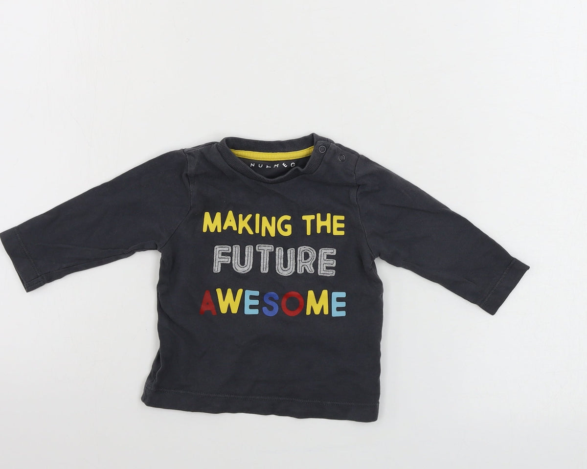 Front view of Nutmeg boys’ grey basic t-shirt, size 3-6, months