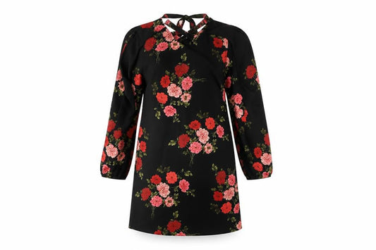 Front view of Peacocks women’s black floral a-line, size UK 14
