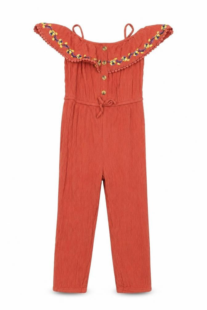 Front view of Primark girls’ orange jumpsuit one-piece, size 4-5, years