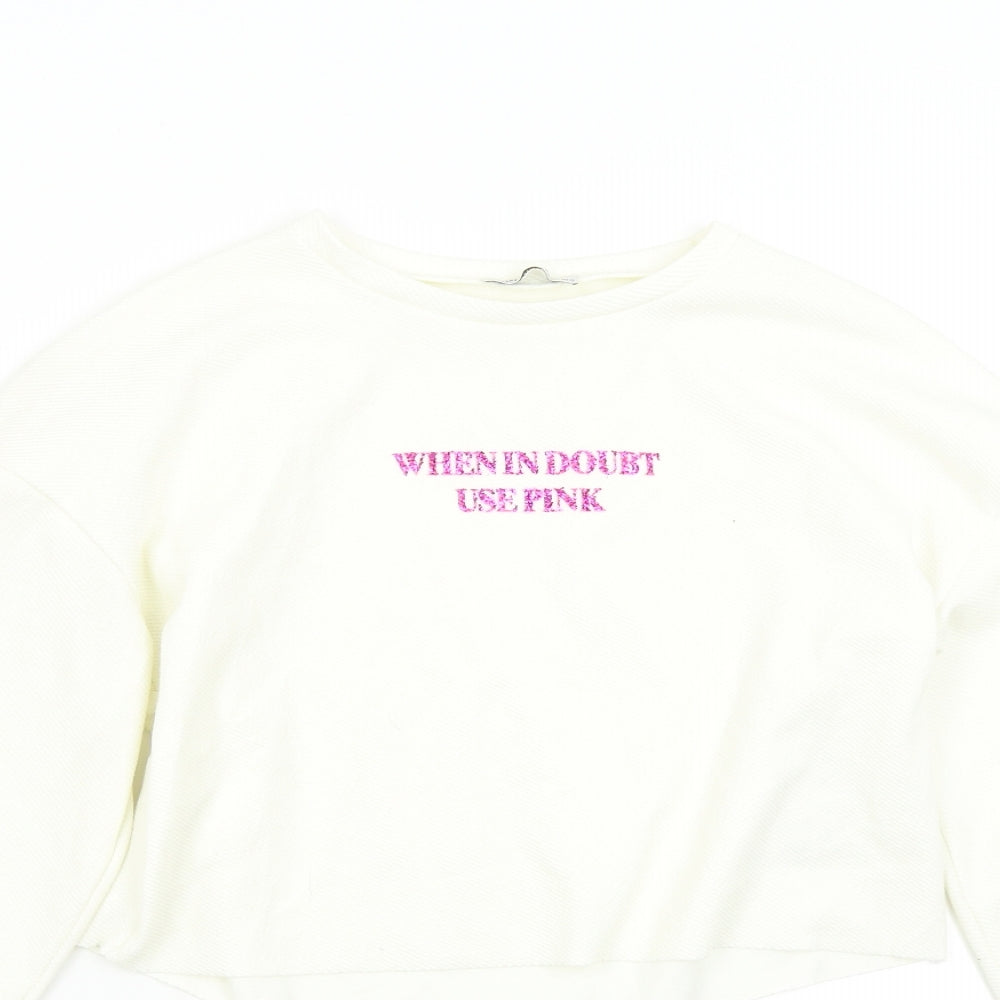 Close-up detail of Zara women’s ivory pullover sweatshirt, size S