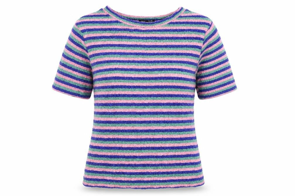Front view of Berksha girls’ blue striped jumper, size M