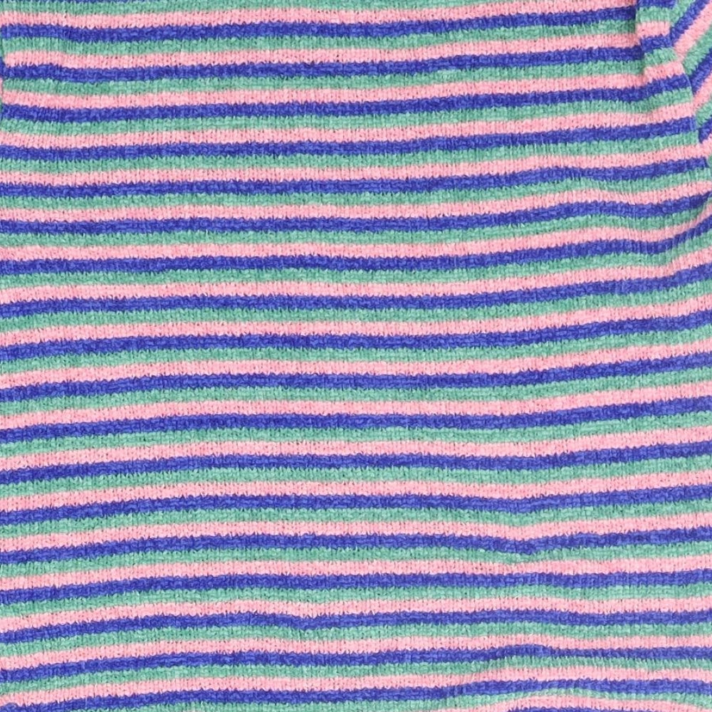 Brand and care label for Berksha girls’ blue striped jumper, size M