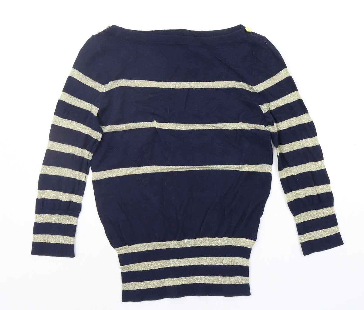 Additional front view of a wear women’s blue striped jumper, size UK 10