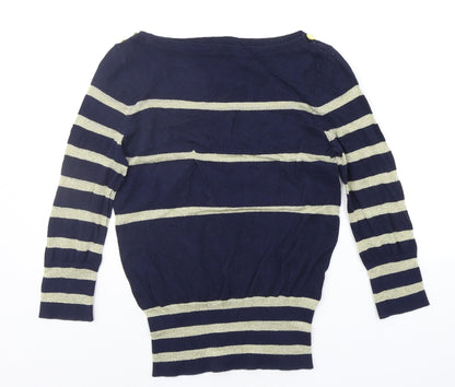 Additional front view of a wear women’s blue striped jumper, size UK 10