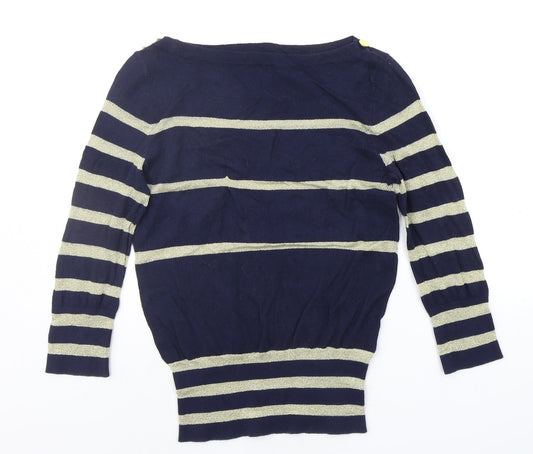Additional front view of a wear women’s blue striped jumper, size UK 10