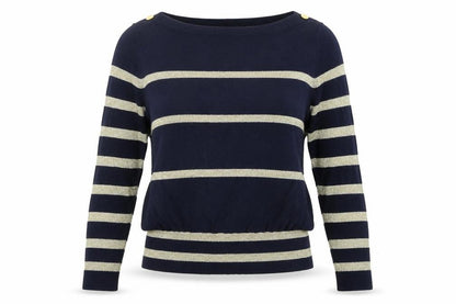 Front view of a wear women’s blue striped jumper, size UK 10