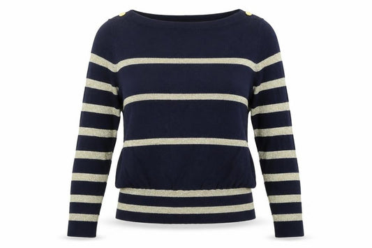 Front view of a wear women’s blue striped jumper, size UK 10