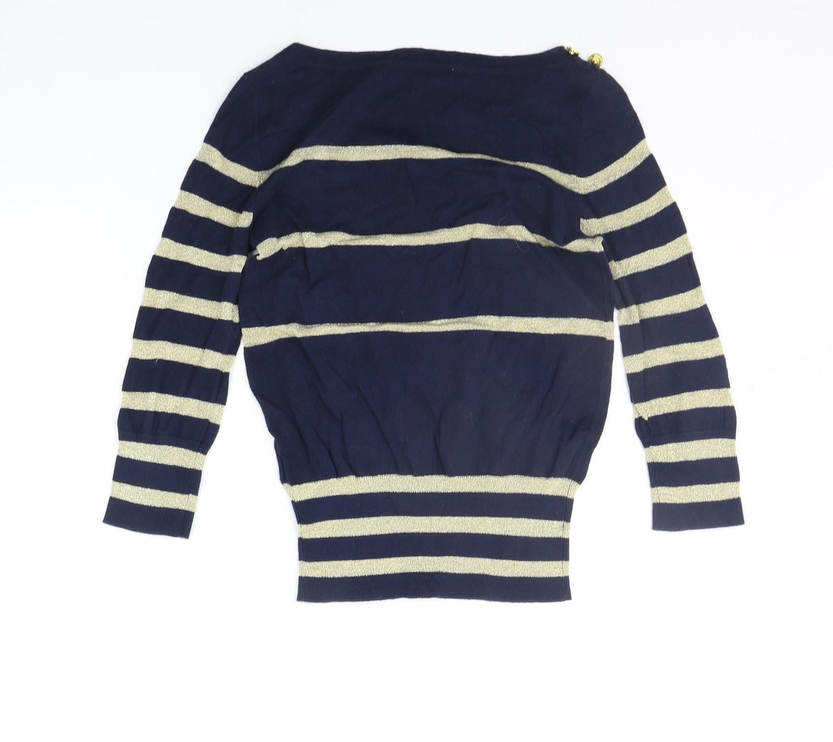 Back view of a wear women’s blue striped jumper, size UK 10