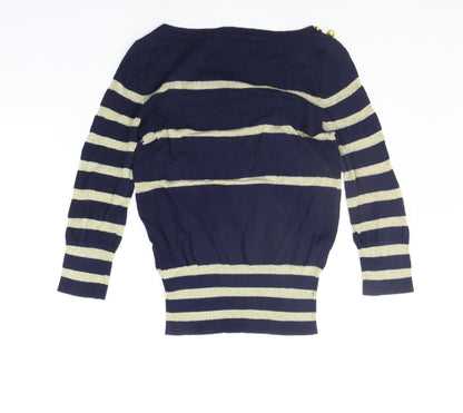 Back view of a wear women’s blue striped jumper, size UK 10
