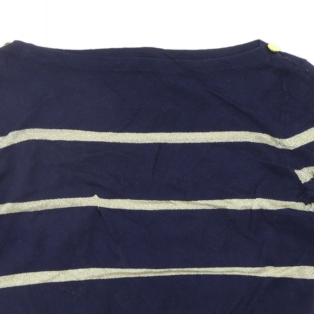 Close-up detail of a wear women’s blue striped jumper, size UK 10
