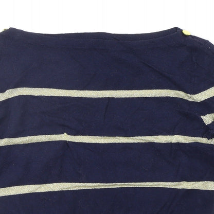 Close-up detail of a wear women’s blue striped jumper, size UK 10