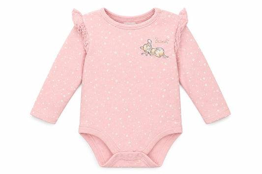 Front view of F&F girls’ pink babygrow one-piece, size 3-6, months - bambi